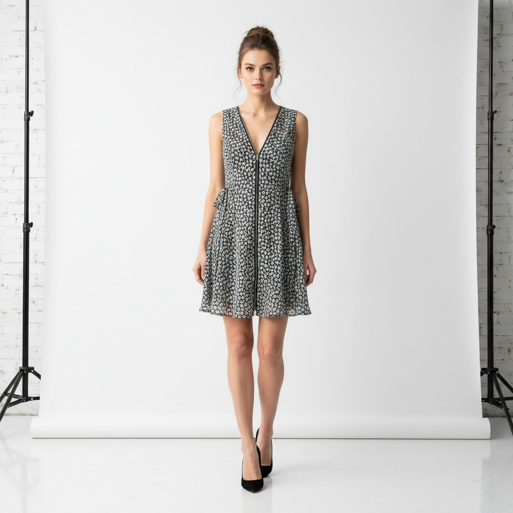 AllSaints Small Black White Floral Zip Front Sleeveless Mini Dress 90s Grunge